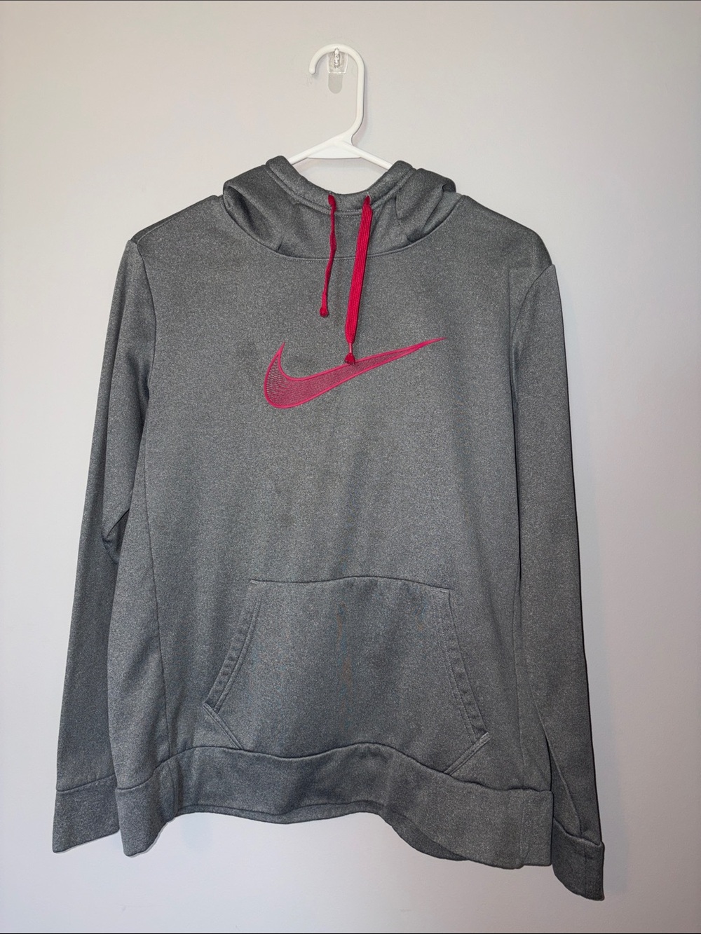 Nike Dri-Fit Gray Hoodie with Pink Swoosh and Drawstrings